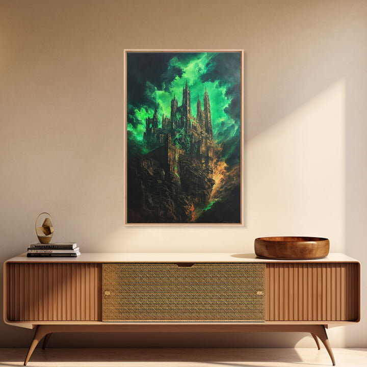 Emerald Gothic Cathedral In Storm Clouds Framed Canvas Print, Dark Fantasy Art, Moody Wall Decor, Dramatic Office Decor