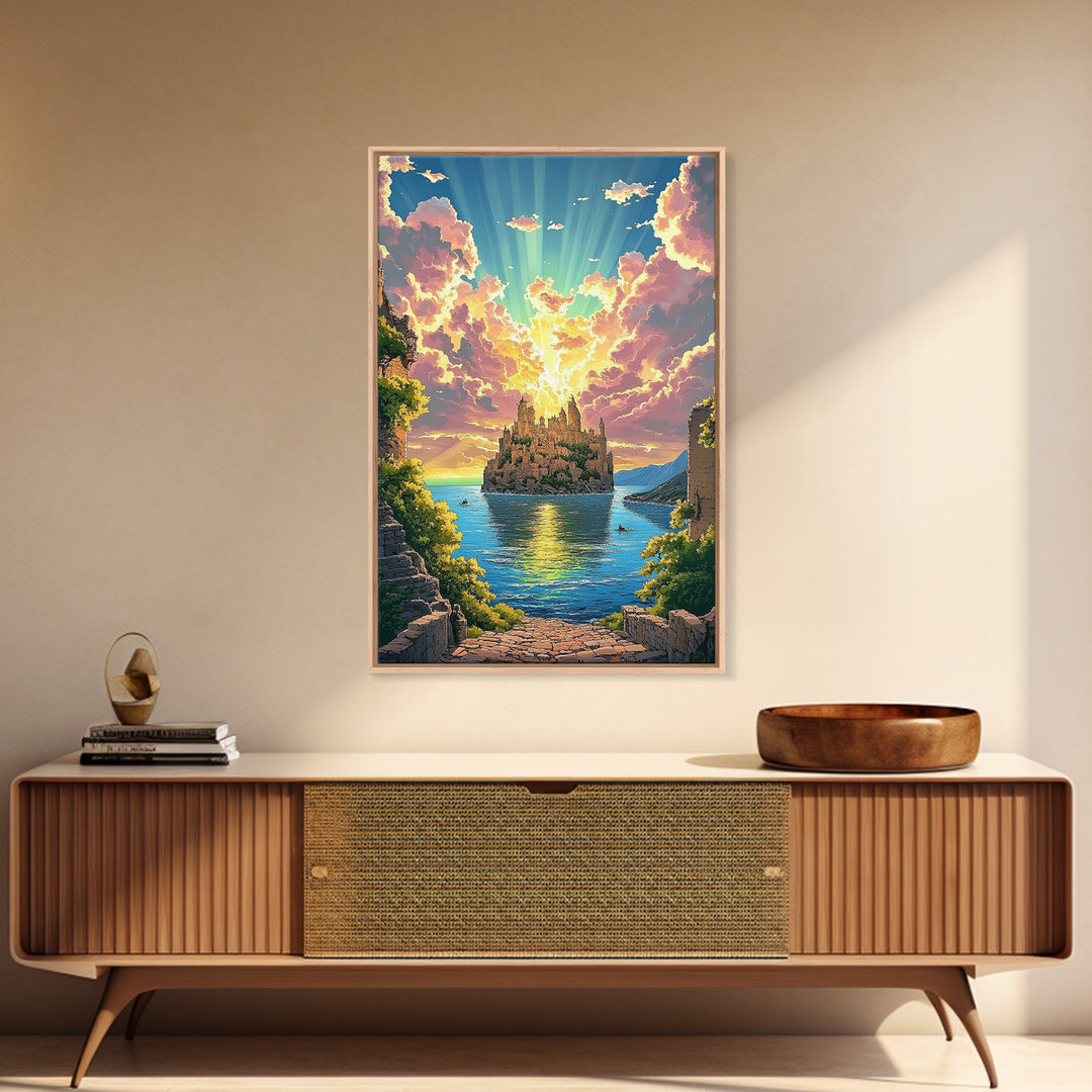 Sunlit Island Castle With Pink Clouds Canvas Print, Fantasy Landscape Wall Art, Coastal Decor, Large Living Room Art, Home Decor