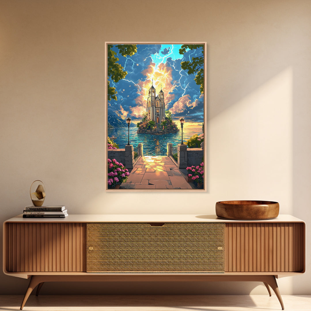 Lightning Over Island Cathedral And Lake Walkway Wall Art, Fantasy Landscape Print, Statement Living Room Decor Gift Idea