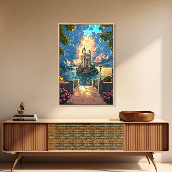 Lightning Over Island Cathedral And Lake Walkway Wall Art, Fantasy Landscape Print, Statement Living Room Decor Gift Idea