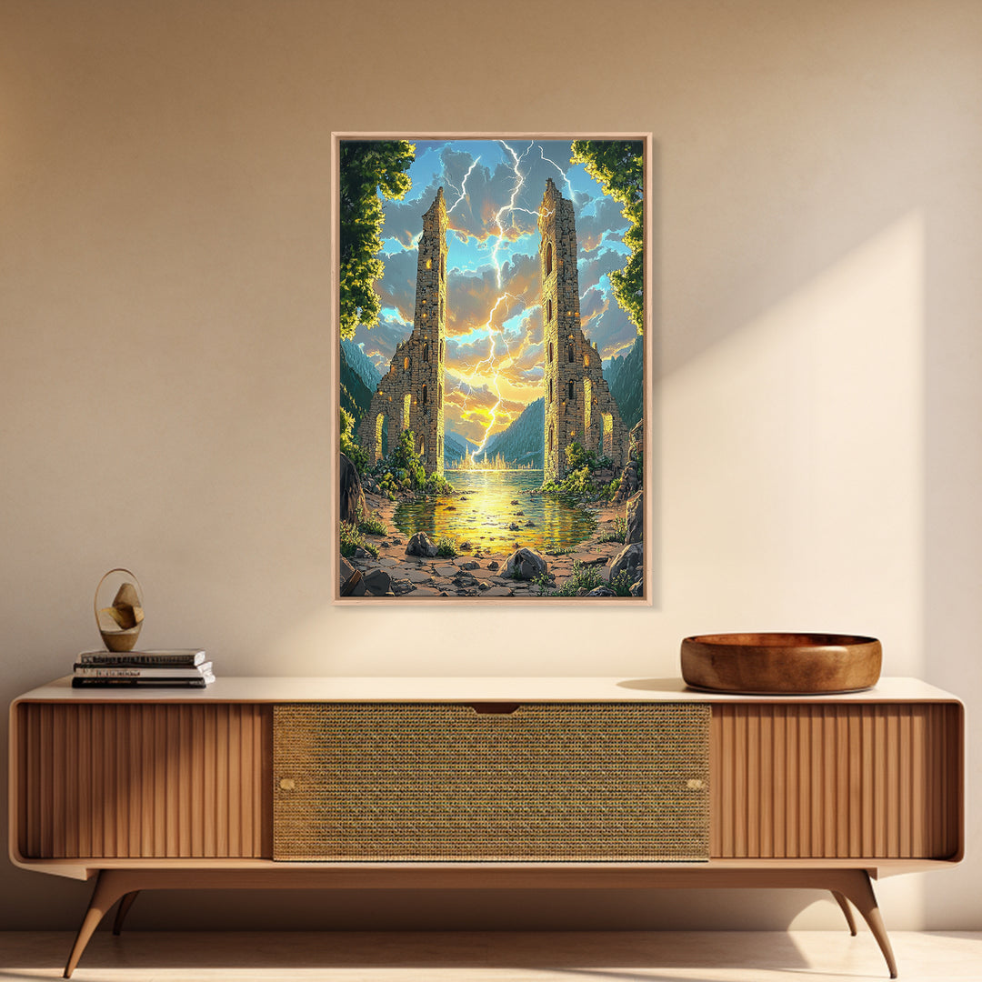 Ancient Ruined Towers With Lightning At Lake Canvas Print, Fantasy Landscape Wall Art, Mountain Decor, Dramatic Home Decor