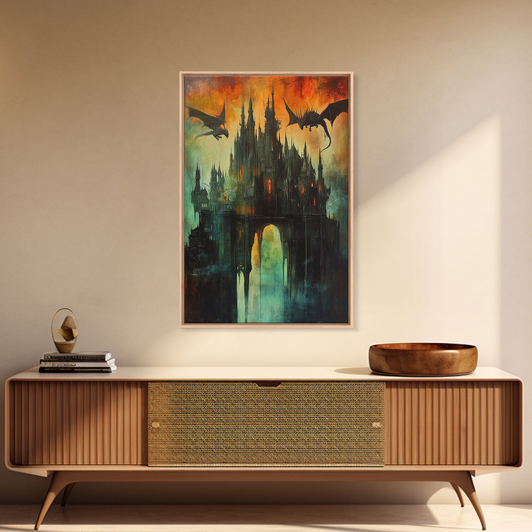 Dragon Silhouettes Above Dark Castle Canvas Print, Gothic Fantasy Wall Art, Surreal Art Print, Moody Living Room Decor, Gift