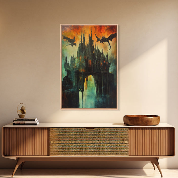 Dragon Silhouettes Above Dark Castle Canvas Print, Gothic Fantasy Wall Art, Surreal Art Print, Moody Living Room Decor, Gift