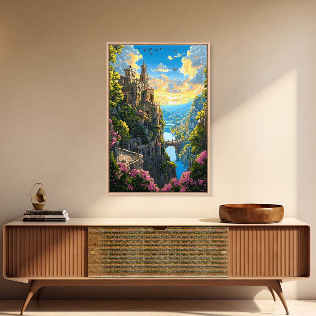 Cliffside Castle Garden Over Blue Valley Wall Art, Fantasy Landscape Print, Colorful Home Decor, Large Living Room Art, Gift