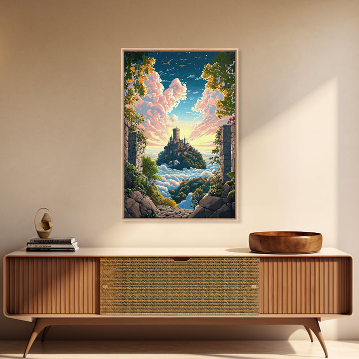 Castle Above Clouds Through Stone Gate Canvas Print, Dreamy Fantasy Wall Art, Whimsical Decor, Large Bedroom Wall Art, Gift