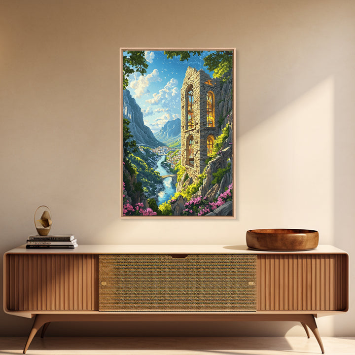 Sunlit Cliffside Stone Tower Above Alpine River Valley Wall Art, Fantasy Landscape Print, Gothic Ruins Decor Gift For Living Room