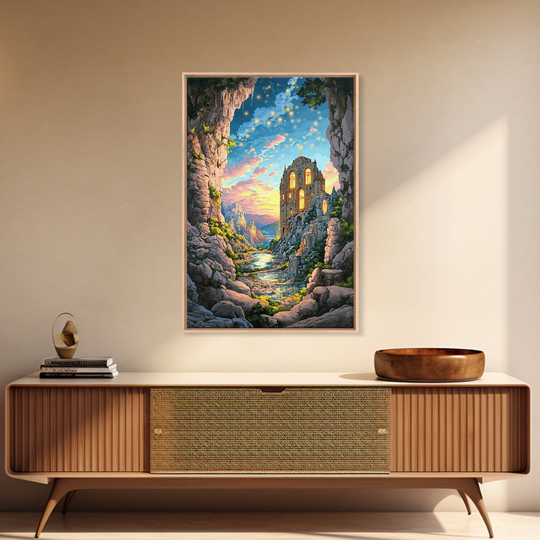 Twilight Cave Ruins With Glowing Windows And Starry Sky Framed Canvas Print, Fantasy Mountain Wall Decor For Cozy Home Gift
