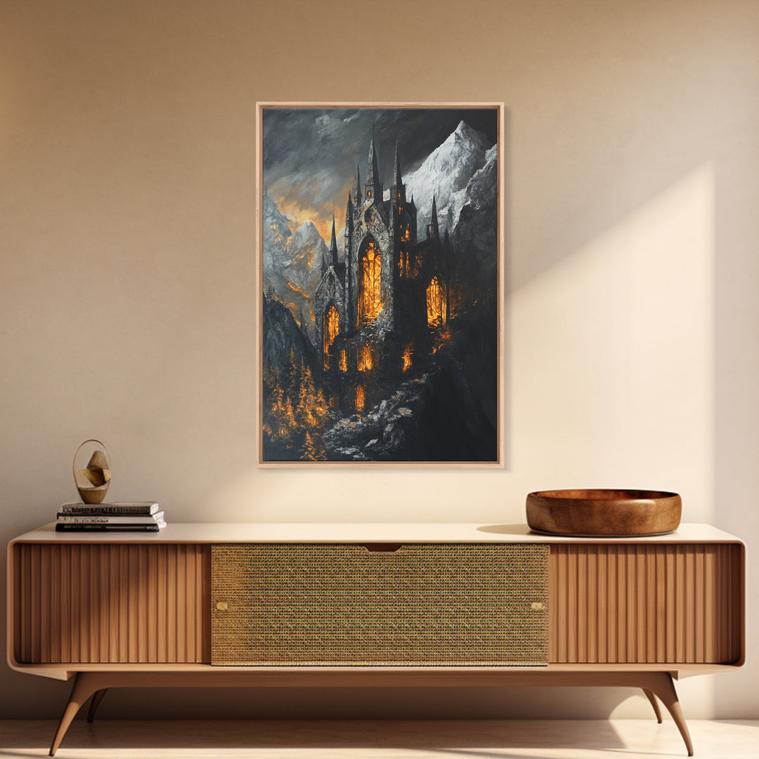 Dark Gothic Cathedral In Snowy Mountains With Amber Windows Canvas Print, Moody Fantasy Wall Art, Dark Academia Decor For Office