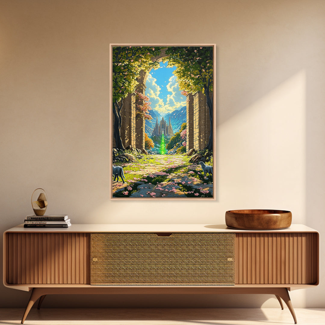Enchanted Garden Archway To Distant Cathedral With Green Magic Wall Art, Fantasy Landscape Print, Whimsical Decor For Living Room