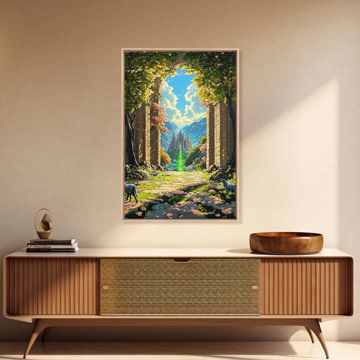 Enchanted Garden Archway To Distant Cathedral With Green Magic Wall Art, Fantasy Landscape Print, Whimsical Decor For Living Room