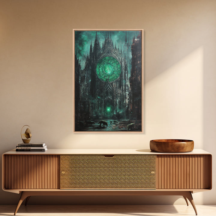 Emerald Rose Window On Dark Gothic Cathedral With Wolves Wall Art, Moody Fantasy Print, Dark Academia Office Decor For Living Room
