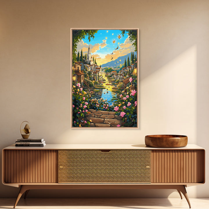 Sunlit Fantasy Village Canal With Flowers Canvas Print, Mediterranean Castle Wall Art For Living Room Decor Housewarming Gift