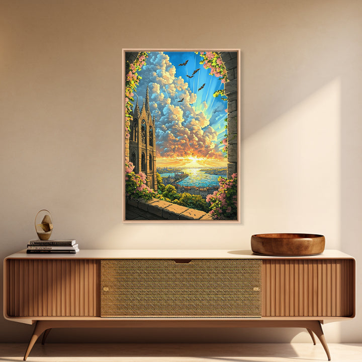 Gothic Cathedral Window At Golden Sunset Framed Canvas Print, Fantasy Landscape Wall Art For Bedroom Home Decor Gift For Her