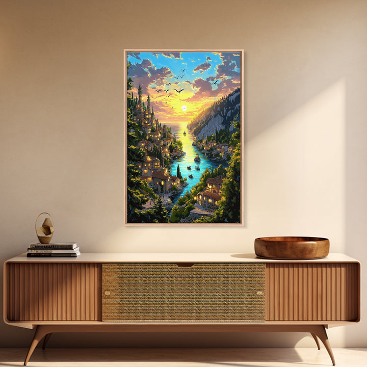Glowing River Valley Castle Village Canvas Print, Fantasy Landscape Wall Art For Cozy Living Room Decor Housewarming Gift