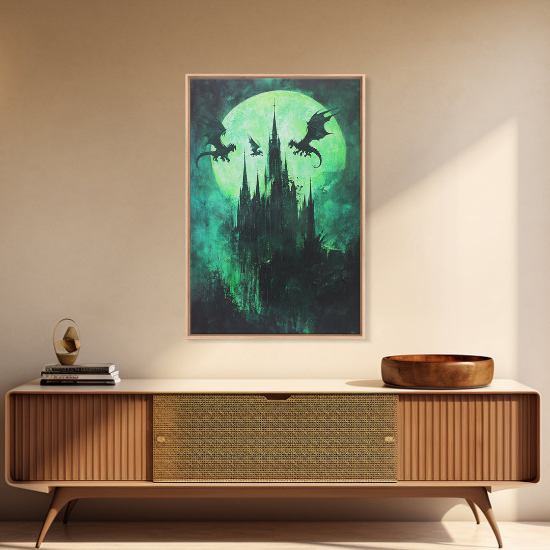 Green Moon Dragon Castle Framed Canvas Print, Gothic Dark Fantasy Wall Art For Moody Bedroom Decor Halloween Gift For Him