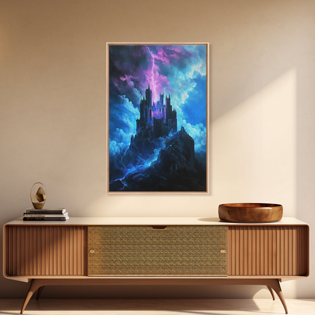Stormy Gothic Castle With Purple Lightning Canvas Print, Dark Fantasy Wall Art For Moody Bedroom And Office Decor Gift For Him