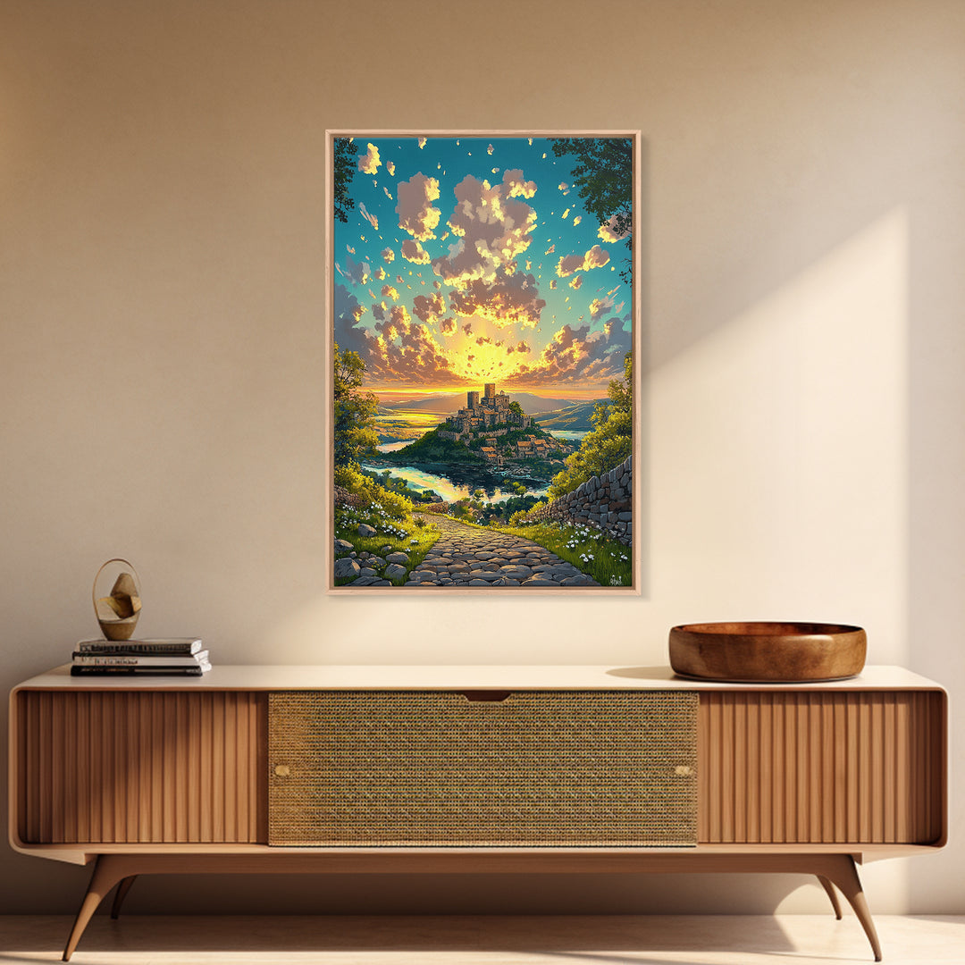 Sunrise Hilltop Castle Village Stone Path Canvas Print, Fantasy Landscape Wall Art For Living Room Decor Housewarming Gift