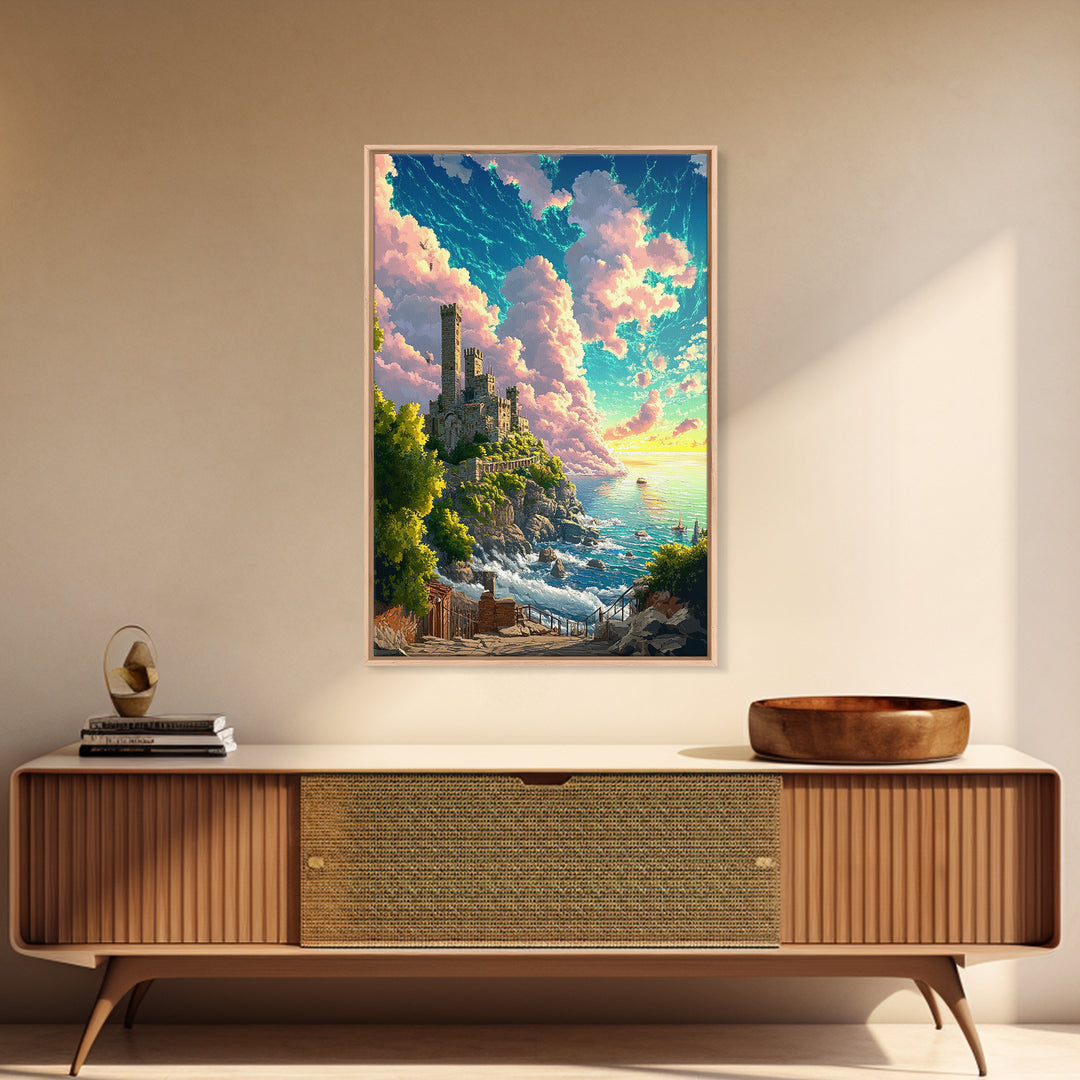 Sunlit Coastal Castle By Turquoise Sea Wall Art, Fantasy Landscape Print, Ocean Cliff Decor, Large Canvas Home Decor, Gift