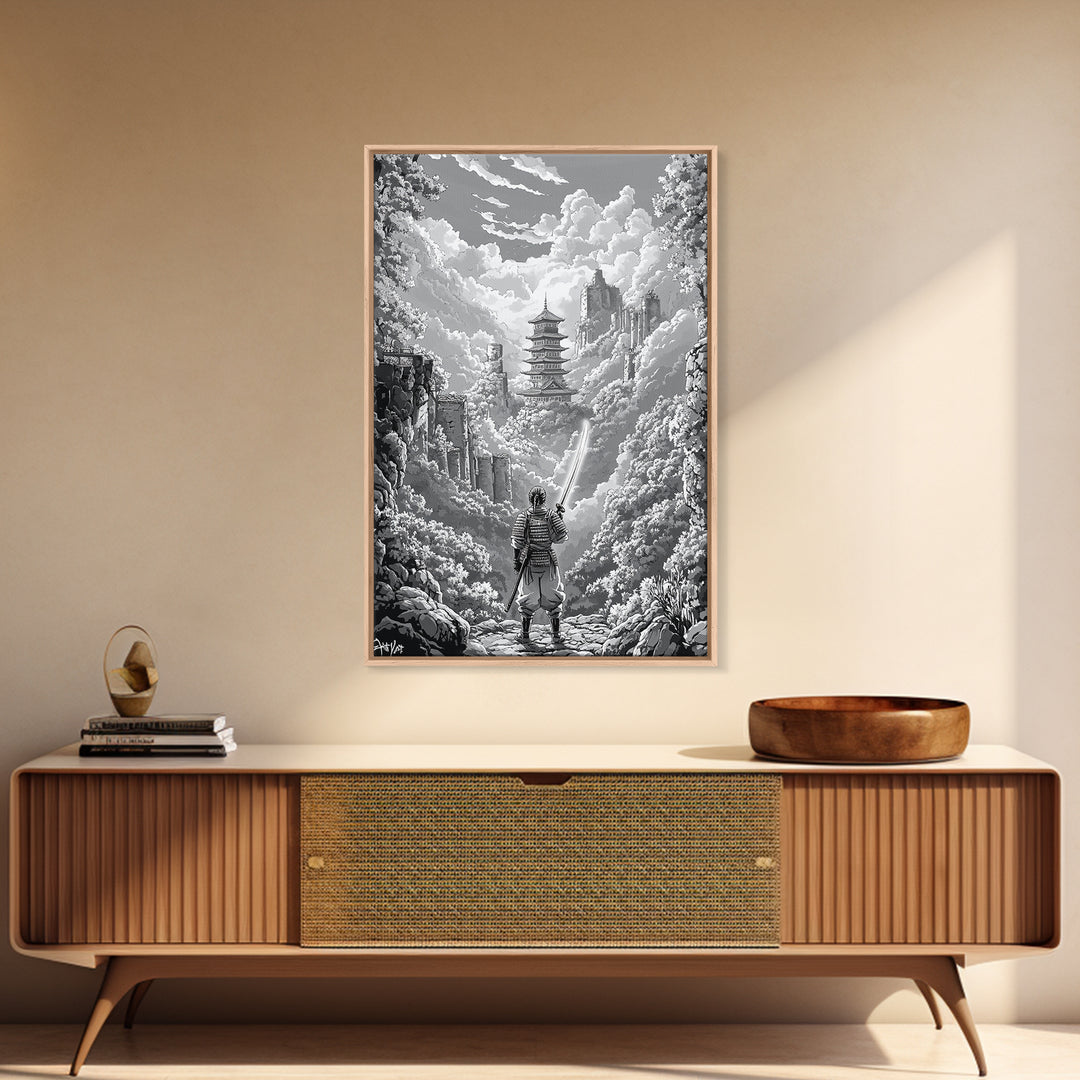 Black And White Samurai Temple Wall Art, Japanese Pagoda Fantasy Print, Monochrome Landscape, Framed Canvas Print, Home Decor