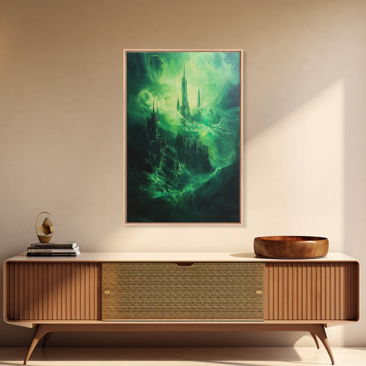 Emerald Gothic Floating Castle Large Canvas Print, Dark Fantasy Wall Art, Surreal Green Cityscape, Moody Home Decor Gift