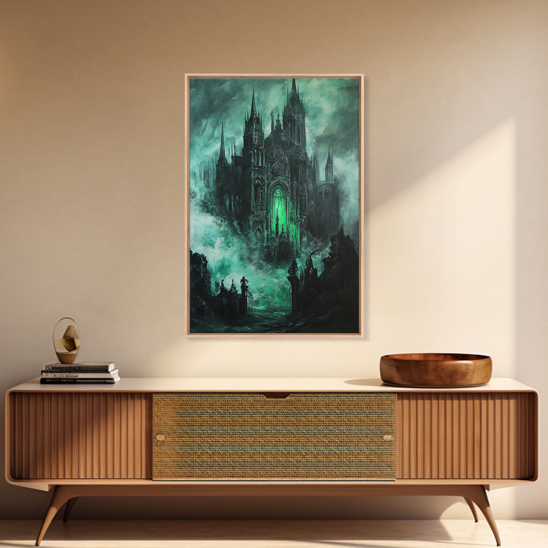 Haunted Gothic Cathedral In Emerald Mist Wall Art, Dark Academia Decor, Fantasy Architecture, Moody Framed Canvas Print, Gift
