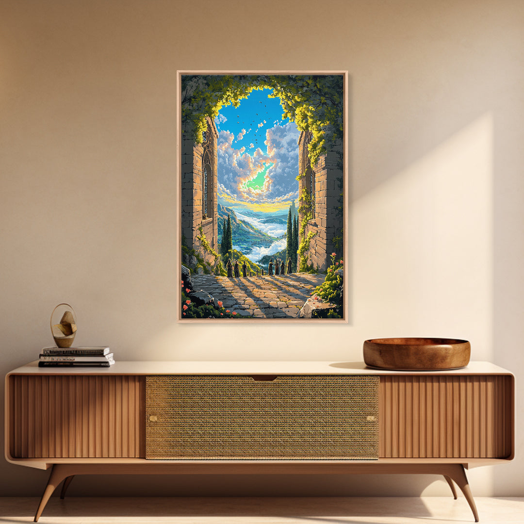 Sunlit Stone Archway Over Mountain Valley Wall Art, Italian Landscape Print, Garden Ruins Decor, Large Framed Canvas Print