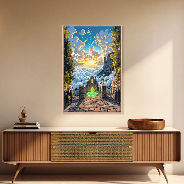 Glowing Cathedral Gate Above Cloud Sea Wall Art, Fantasy Landscape Print, Celestial Castle Decor, Large Framed Canvas Print