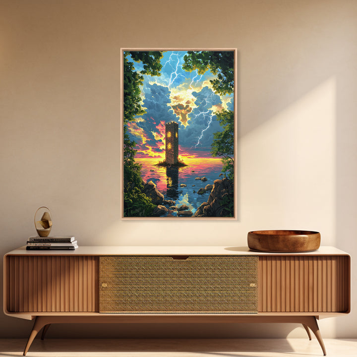 Lightning Struck Sea Tower At Sunset Canvas Print, Fantasy Coastal Wall Art, Stormy Ocean Decor, Large Framed Canvas Print