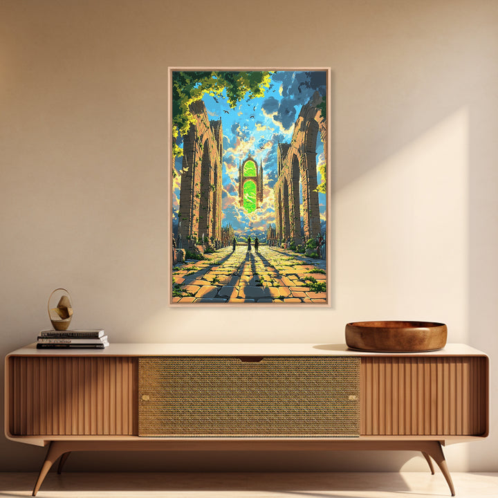 Sunlit Ruined Cathedral Portal Canvas Print, Fantasy Wall Art, Gothic Architecture, Mystical Landscape, Living Room Decor