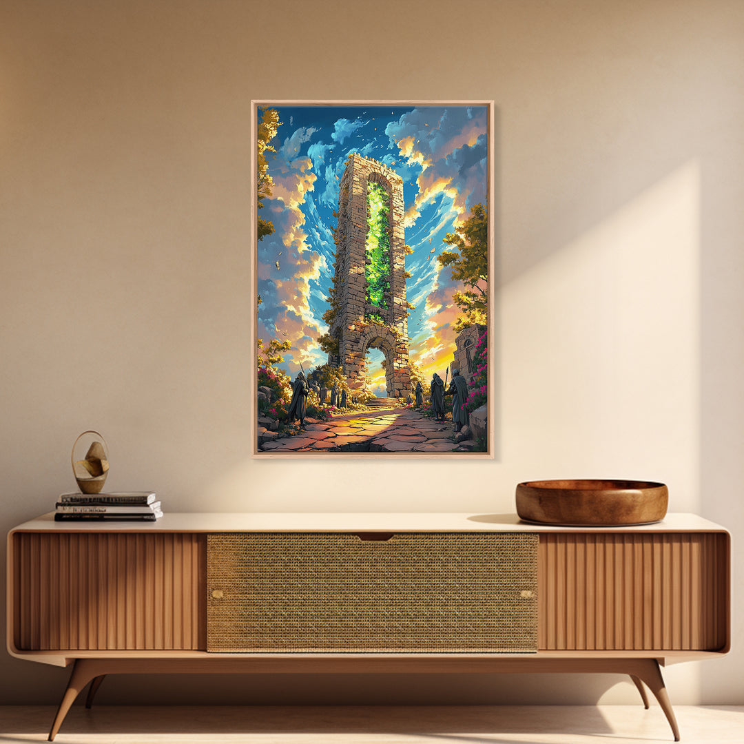 Glowing Stone Tower Gate Framed Canvas Print, Fantasy Wall Art, Gothic Ruins, Magical Landscape, Statement Home Decor, Living Room Art