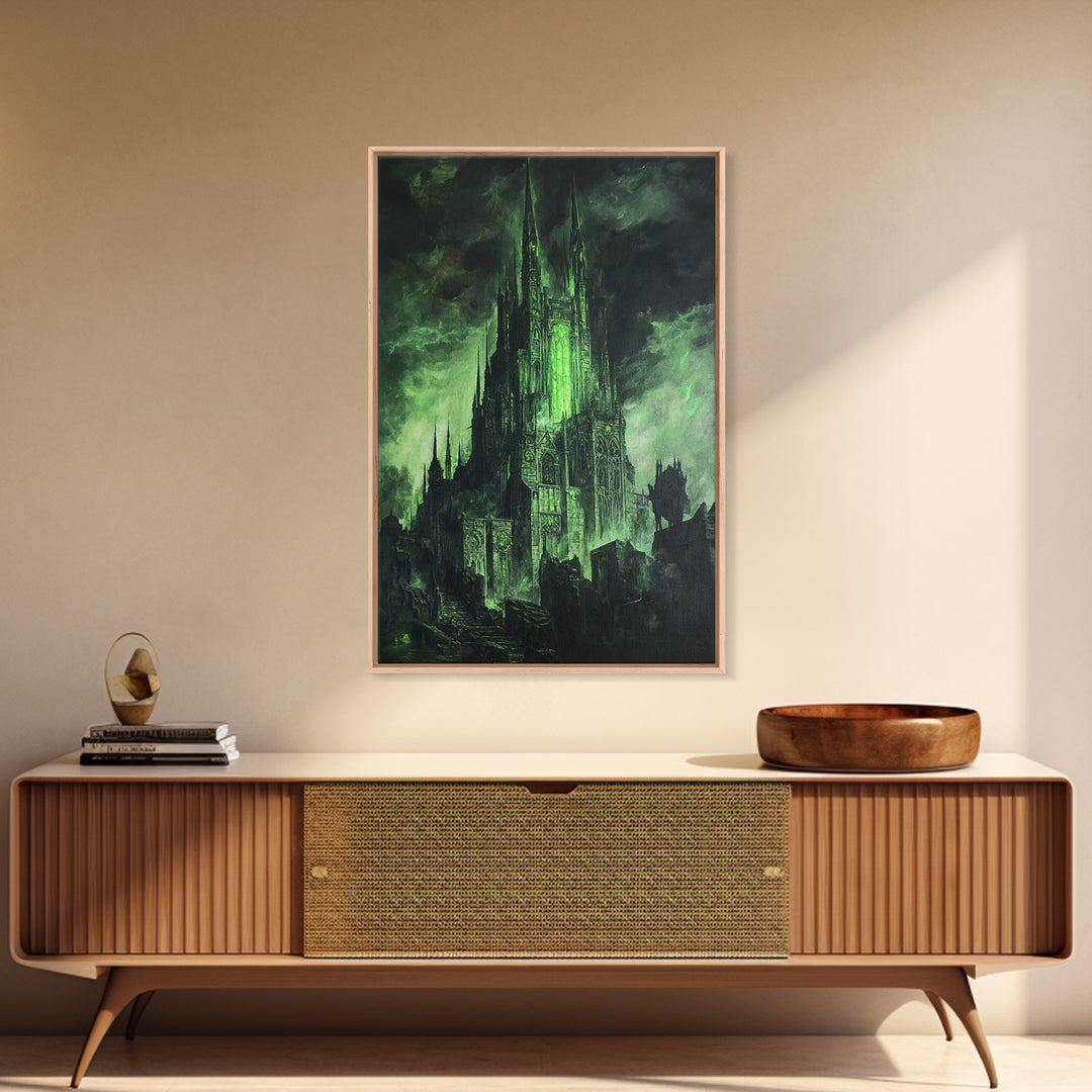 Dark Green Gothic Cathedral Wall Art, Fantasy Castle Print, Dark Academia Decor, Moody Wall Decor, Gothic Canvas Print, Mystical Art