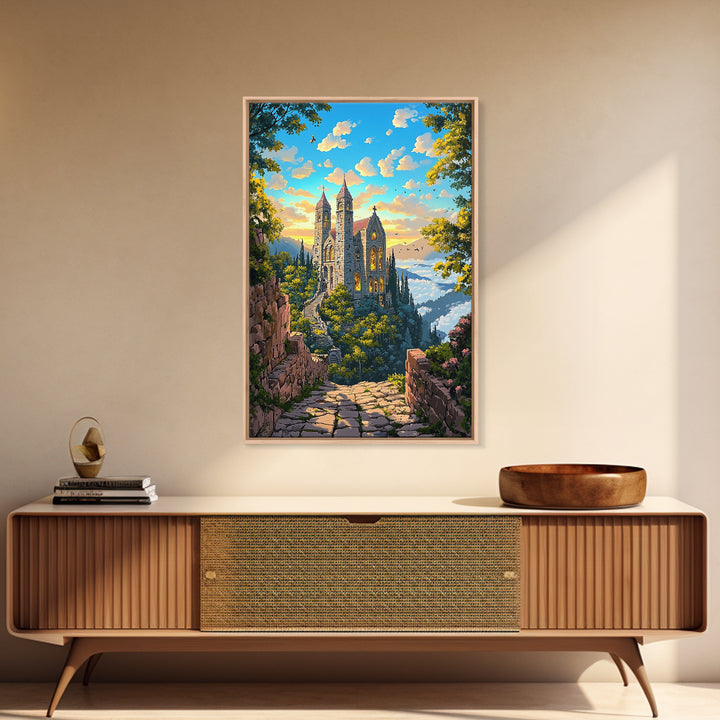 Stone Hilltop Abbey Framed Canvas Print, Fantasy Landscape Wall Art, Gothic Architecture, Nature Decor, Living Room Art, Home Decor