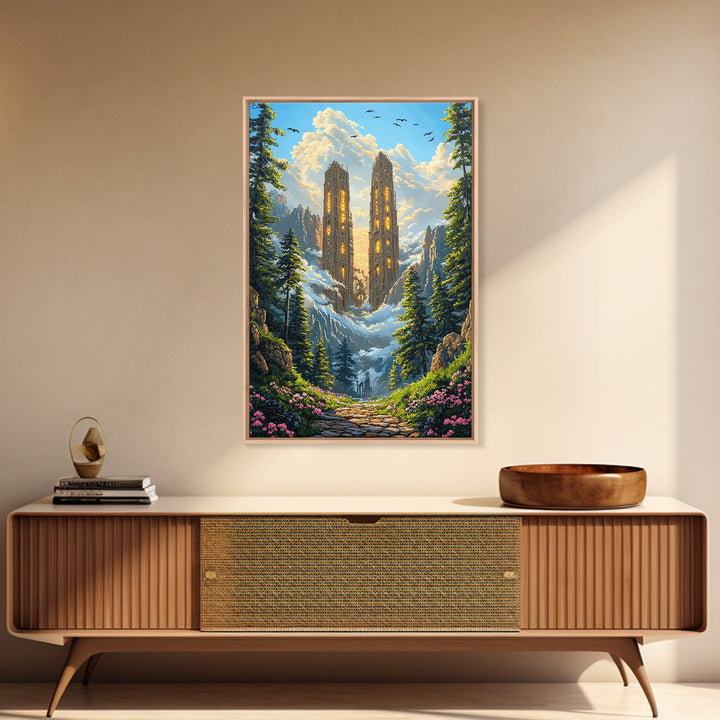 Twin Mountain Towers Canvas Print, Snowy Fantasy Landscape Wall Art, Pine Forest Decor, Large Wall Art, Living Room Decor
