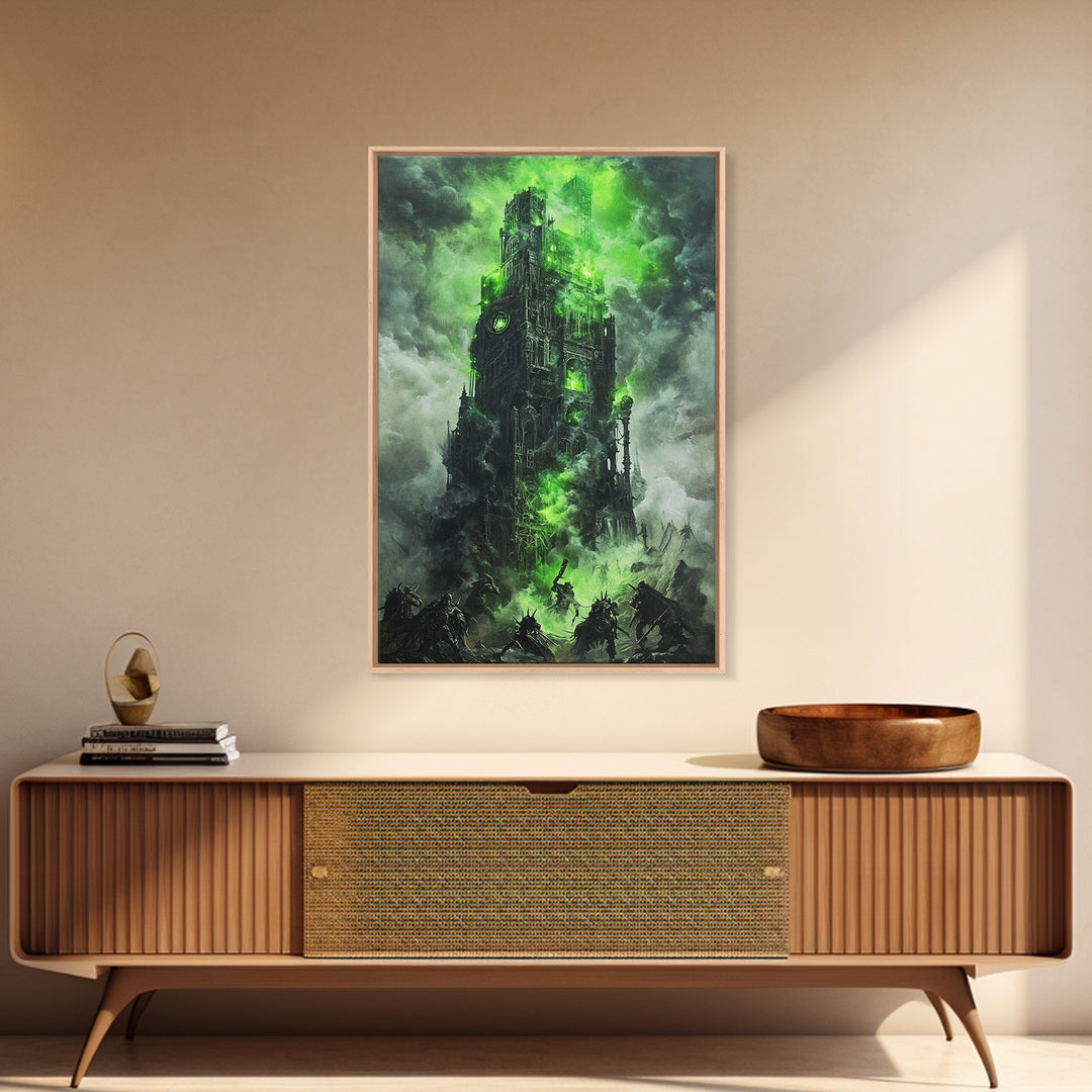 Haunted Green Fortress Canvas Print, Dark Fantasy Wall Art, Gothic Castle, Surreal Art, Moody Wall Decor, Gaming Room Art