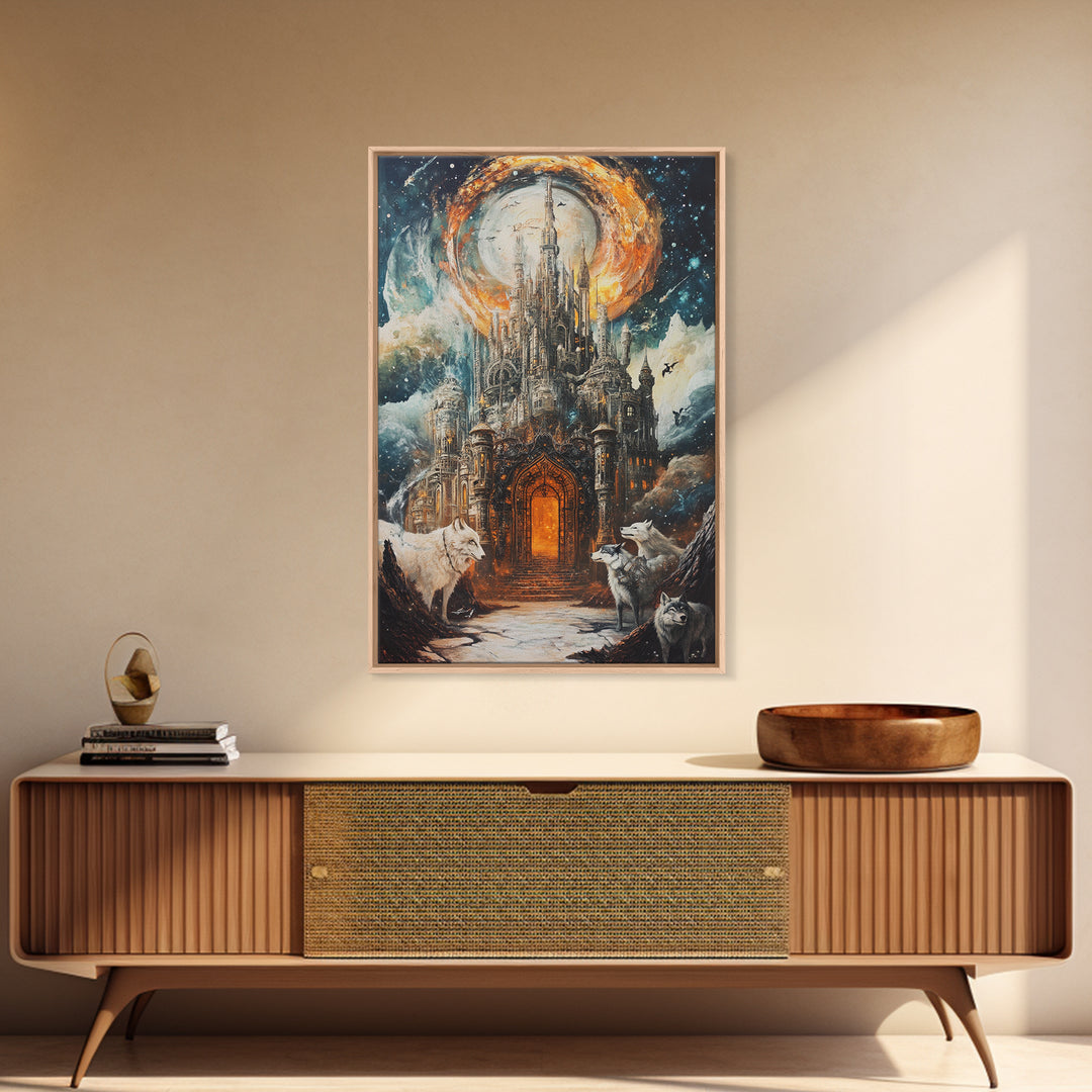 Gothic Moon Castle With Wolves Canvas Print, Fantasy Wall Art, Dark Academia Decor, Mystical Landscape, Gothic Home Decor