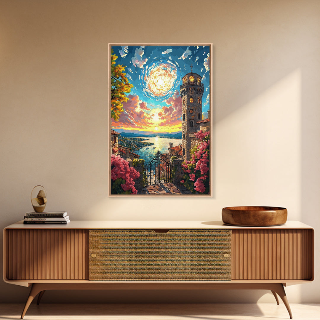 Lake Como Sunset Tower Canvas Print, Italian Coastal Wall Art, Mediterranean Decor, Travel Poster, Elegant Living Room Decor