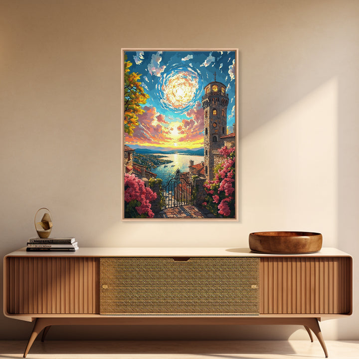 Lake Como Sunset Tower Canvas Print, Italian Coastal Wall Art, Mediterranean Decor, Travel Poster, Elegant Living Room Decor