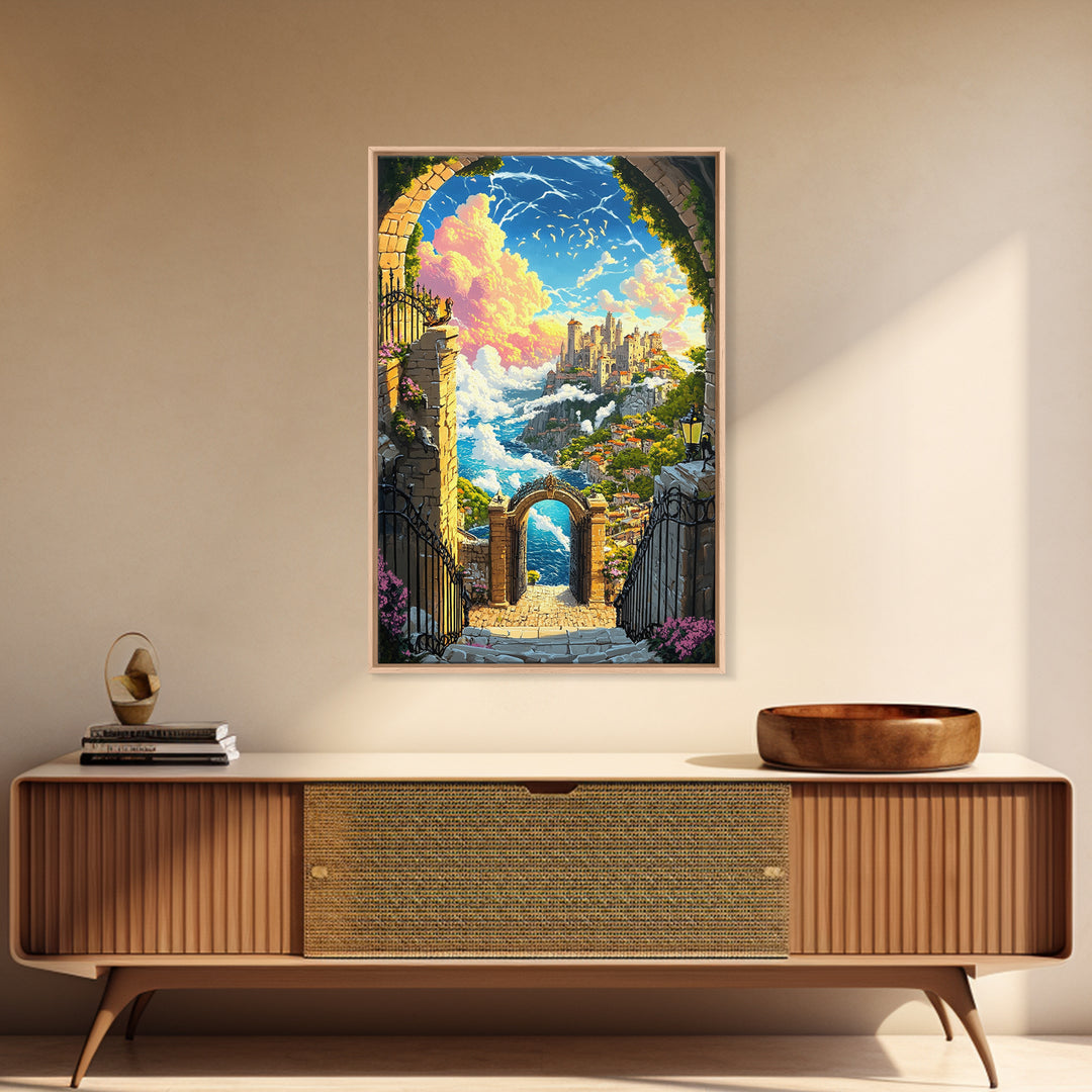 Clifftop Castle Gateway Canvas Print, Fantasy Coastal Wall Art, Whimsical Landscape, Storybook Decor, Large Art Print, Home Decor