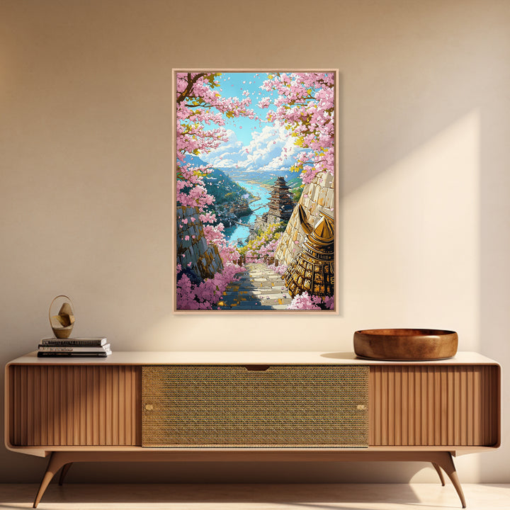 Cherry Blossom Pagoda Stairway Canvas Print, Japanese Wall Art, Samurai Decor, Spring Landscape, Zen Home Decor, Living Room Decor