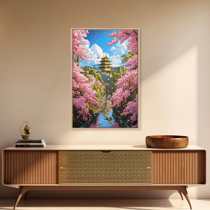 Cherry Blossom Temple Canal Canvas Print, Japanese Wall Art, Spring Landscape, Zen Garden Decor, Colorful Living Room Art