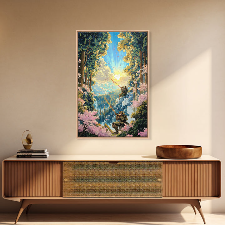 Samurai Forest Duel Canvas Print, Japanese Wall Art, Fantasy Landscape, Cherry Blossom Decor, Warrior Art, Adventure Poster