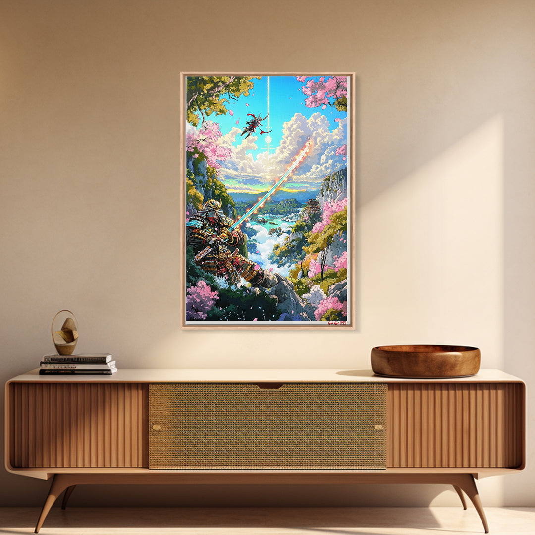 Glowing Sword Samurai Canvas Print, Japanese Wall Art, Fantasy Landscape, Cherry Blossom Decor, Warrior Art, Gaming Room Art