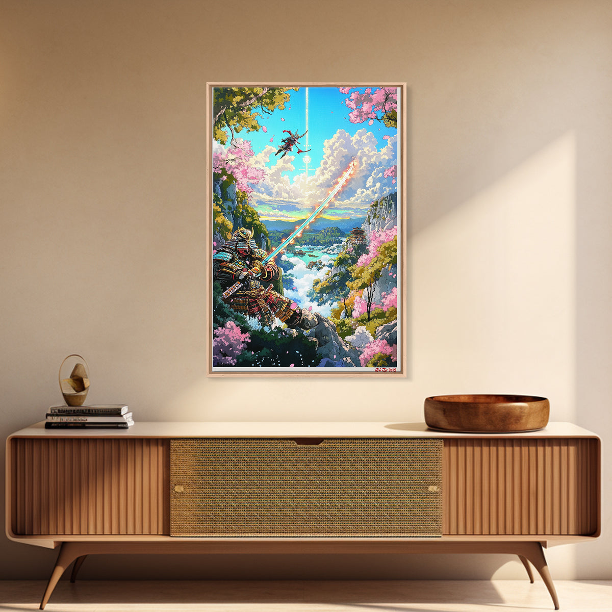 Glowing Sword Samurai Canvas Print, Japanese Wall Art, Fantasy Landscape, Cherry Blossom Decor, Warrior Art, Gaming Room Art