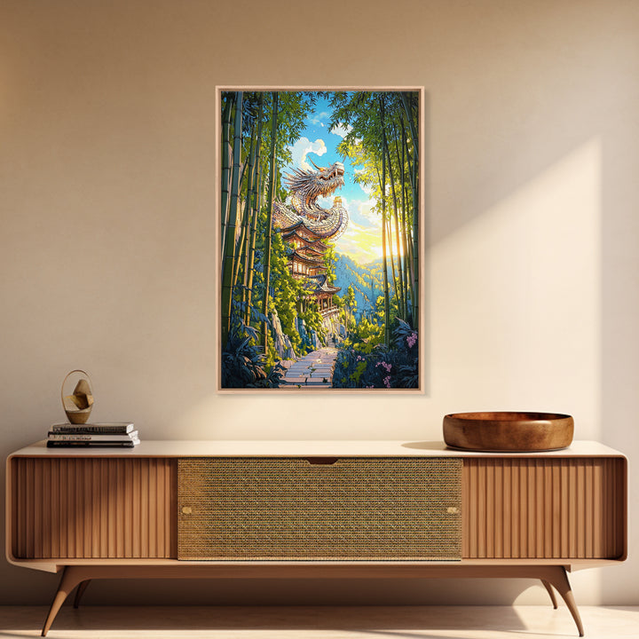Sunlit Dragon Temple Bamboo Forest Wall Art, Japanese Fantasy Decor, Pagoda Landscape Print, Mystical Asian Home Decor Gift