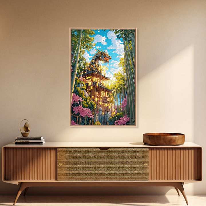 Golden Dragon Pagoda With Cherry Blossoms Canvas Print, Japanese Wall Art, Fantasy Landscape, Asian Home Decor Gift For Her