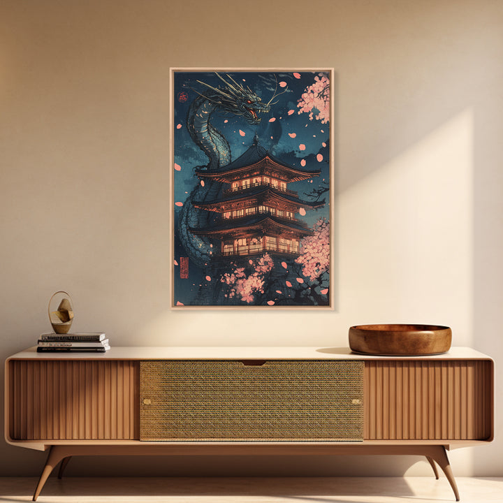 Moonlit Dragon Pagoda With Sakura Petals Framed Canvas Print, Japanese Wall Art, Dark Fantasy Decor, Cherry Blossom Poster