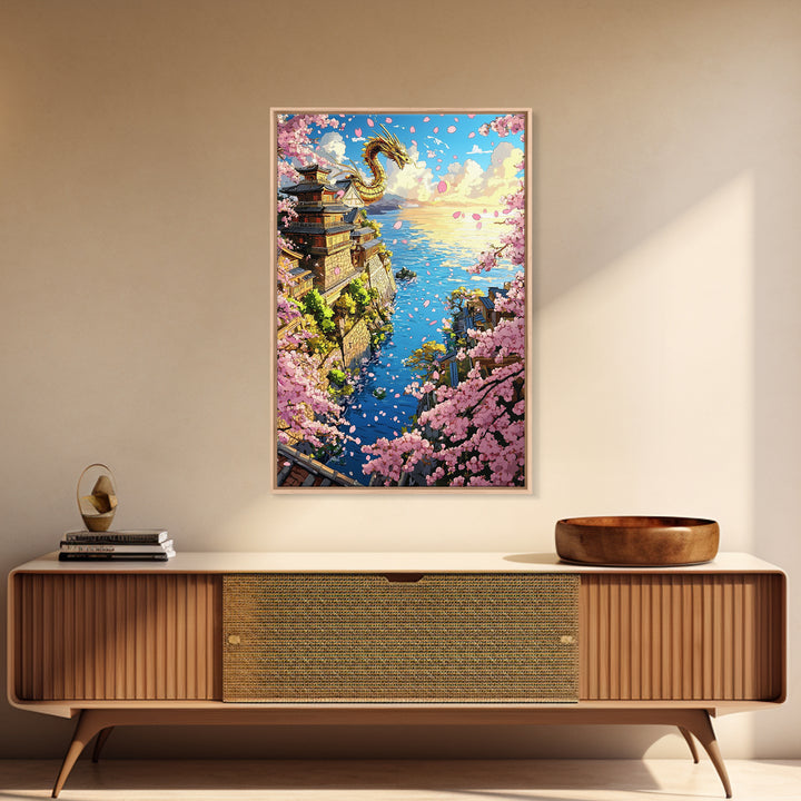 Golden Dragon Over Cherry Blossom Coastal Village Wall Art, Japanese Fantasy Seascape, Ocean Wall Decor Gift, Travel Poster