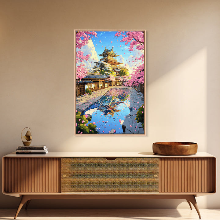 Cherry Blossom Castle Courtyard Reflection Canvas Print, Japanese Wall Art, Spring Landscape Decor, Pink Floral Art Gift