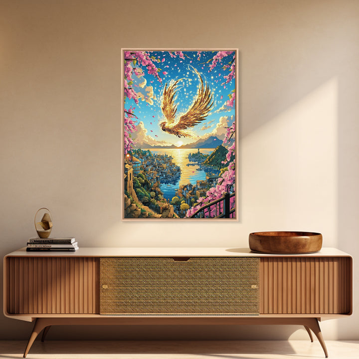 Golden Phoenix Over Harbor At Sunset Wall Art, Cherry Blossom Fantasy Print, Japanese Coastal Decor, Mythical Bird Poster