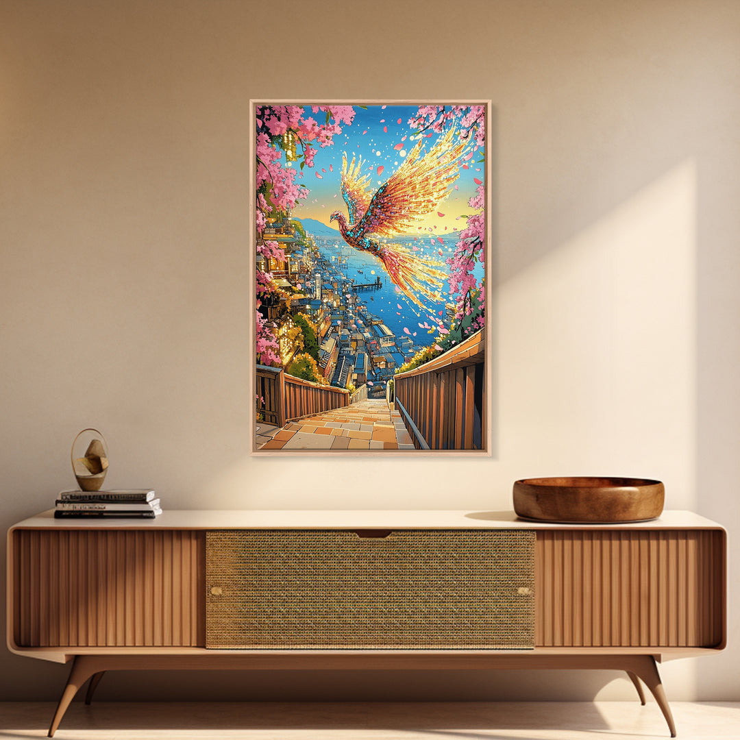 Fiery Phoenix Above Harbor Stairs Canvas Print, Cherry Blossom Japanese Wall Art, Vibrant Coastal Decor, Fantasy Gift For Her